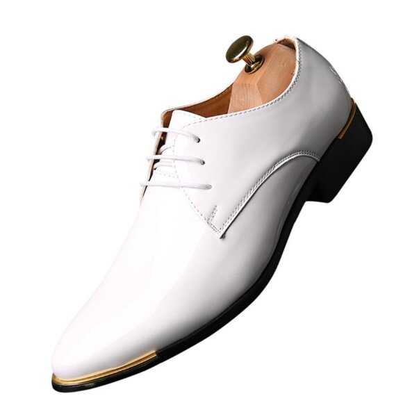 Santimon Men's US 8, 10 White Patent Leather Lace Up Pointed Toe Oxford Shoes - Picture 1 of 11